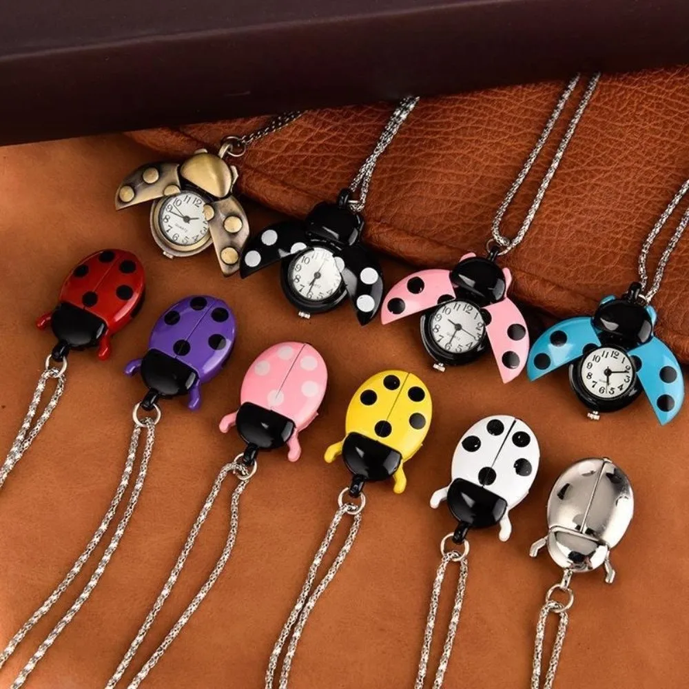 Fashion Multi-color Ladybug Pocket Watch Quartz with Chain Pocket Watch Lightweight Beetle Pocket Watch