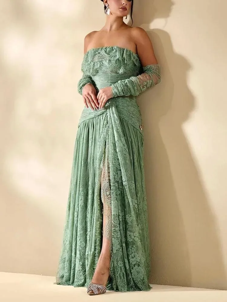 Elegant Vintage Green Lace Sexy Ruffle Strapless Gloves Customized Formal Occasion Prom Dress Evening Party Gowns