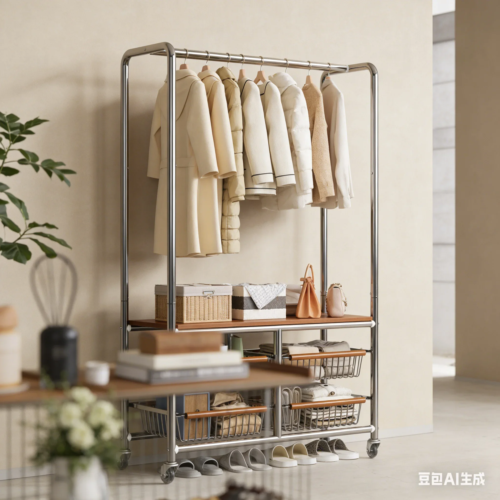 AOLIVIYA Vintage Light Style Indoor Movable Clothes Rack, Floor Standing Drying Organizer with Coat Storage for Home Bedroom B68