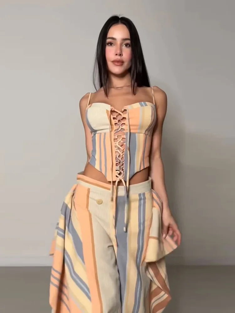 Chic Lady Printed Pant Set Lace Up Spaghetti Strap Sleeveless Tube Top And Long Pant Ruffles Fashion Summer Women Vacation Suit