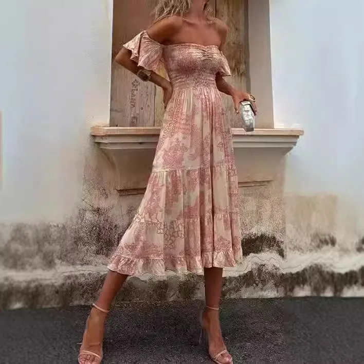 

25 Year Spring/Summer New Printed Off Shoulder Strapless Sexy Resting Lotus Leaf Sleeve Dress 8058