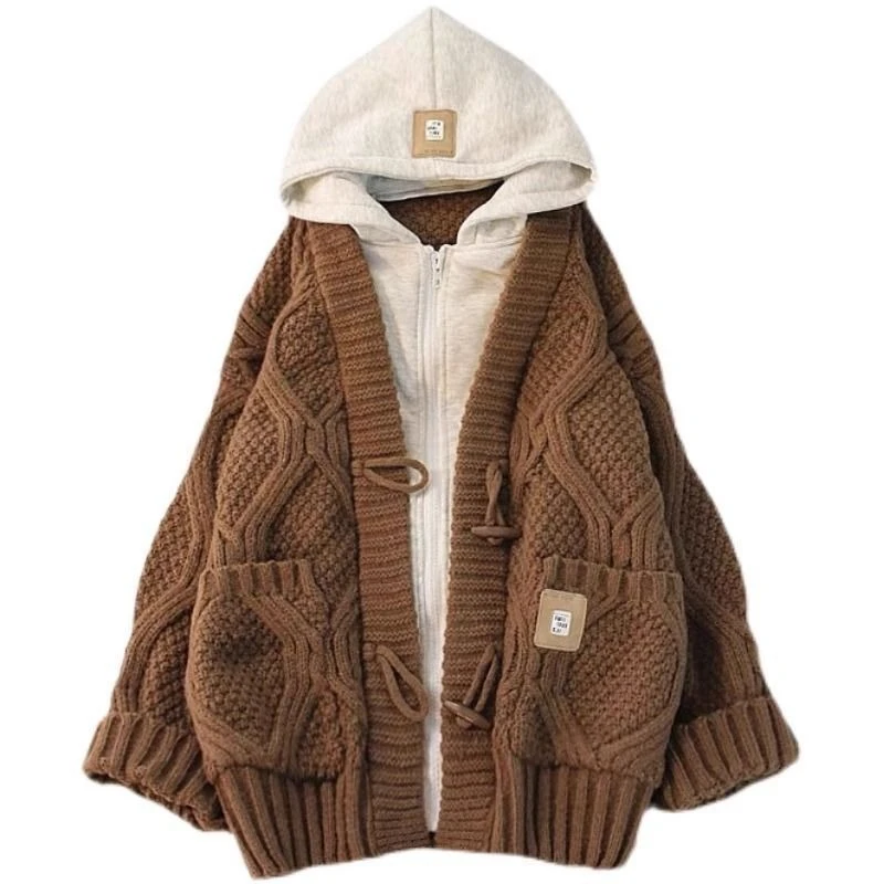 American Vintage Y2k Loose Casual Fake Two Piece Hooded Sweatshirts 2000s Harajuku Sweet Sweater Cardigan Winter New Warm Tops