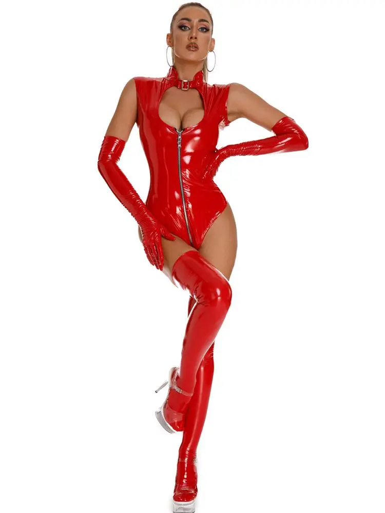 Bez rękawów drążą wyglądające na mokre pcv Catsuit błyszczące PU skóra Cosplay strój kąpielowy dwukierunkowy Zip otwarte krocza Body rajstopy Sexy Body