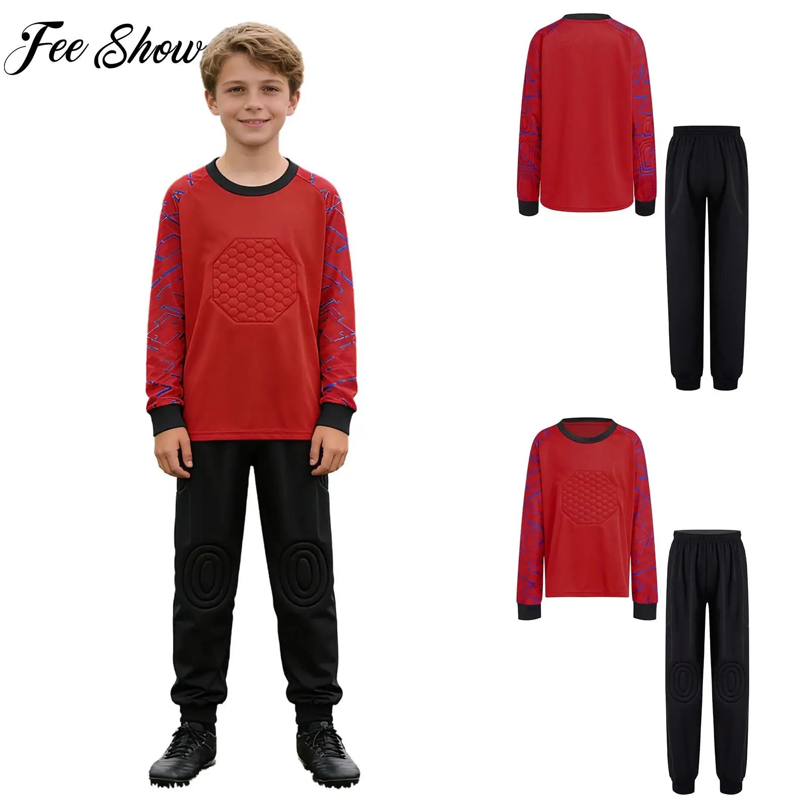 

Футбольная вратарская форма для мальчиков и девочек, комплект с геометрическим принтом, длинными рукавами, защитными вставками, футболка + спортивные штаны для занятий спортом и тренировок