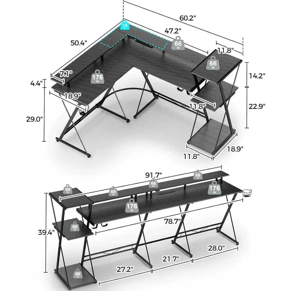 Bureau de jeu en forme de L avec lumières LED et prises de courant, table d'angle noire avec porte-gobelets, sauna, crochets pour téléphone, ordinateur de bureau