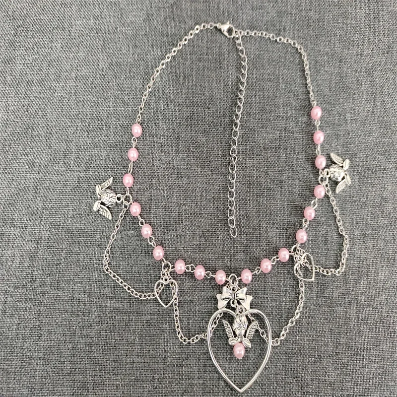 Handmade Dainty Angelic Pink Pearl Beaded Chokers Featuring Hearts And Cherub Charms Y2K Indie Jewelry Pixie Fairy core Necklace