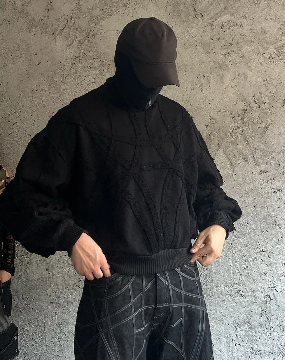 Retro hitam Gotik kaus sweter lengan panjang bergaris perca sweter lengan panjang tebal hangat musim gugur dan musim dingin kaus baru Streetwear