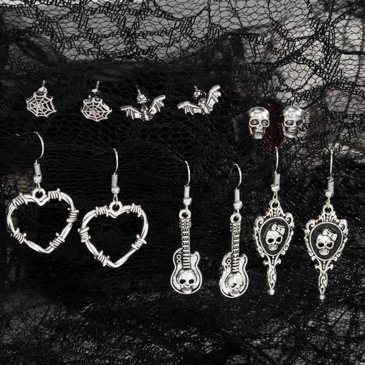 

KunJoe 6 Pair Goth Skull Bat Cross Stud Earrings for Women Punk Heart Guitar Skeleton Drop Earrings 2025 New Halloween Jewelry