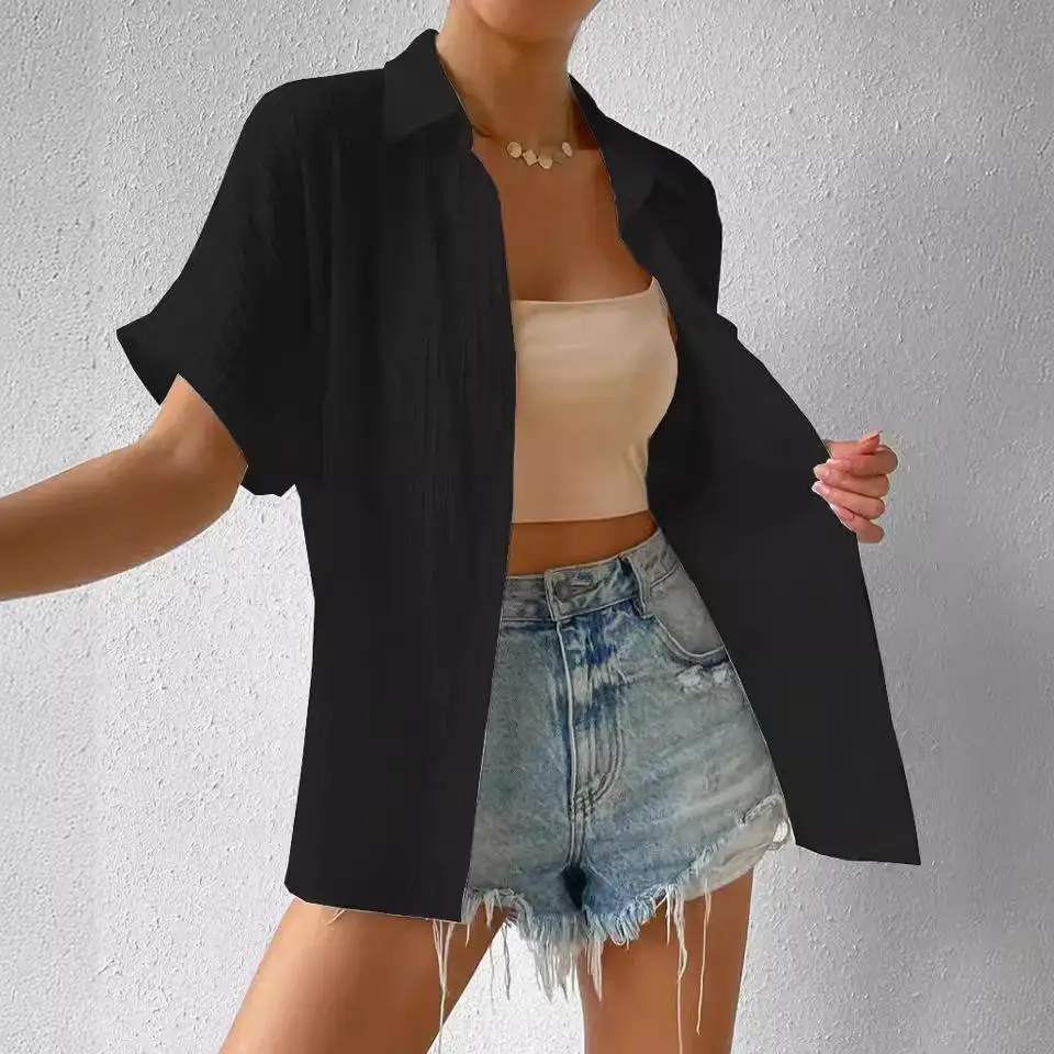 New 2025 Women's Pure Color Spring Summer Cotton Linen ort Sve irt with ket European Sle Faion Ladies' Blouse