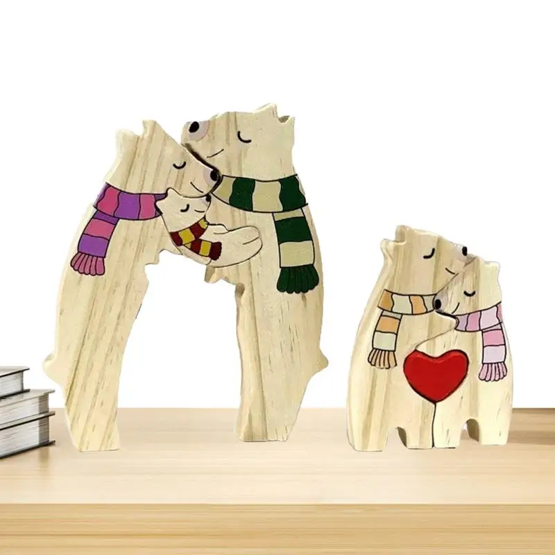 Wooden Family Puzzle Cute Cartoon Bear Jigsaw Puzzle With Scarf And Heart Decorative Wooden Animal Sculpture Tabletop