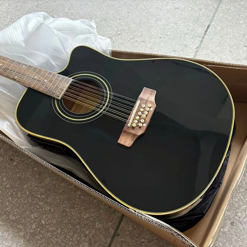Stock 41 Inch 12 String Cutaway Design Acoustic Guitar High Gloss Laminated Spruce Top Basswood Body With EQ Black Folk Guitar
