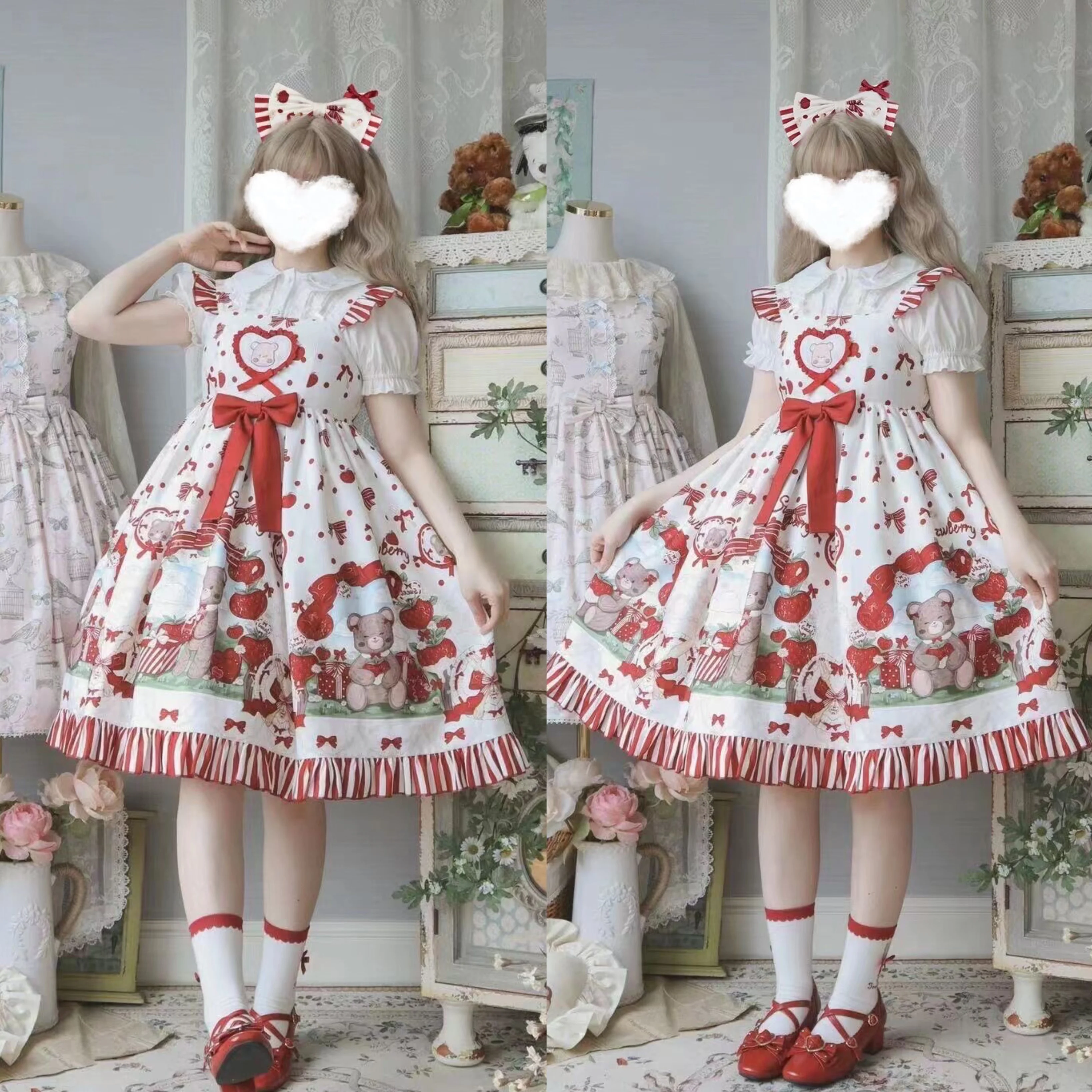 Japanese Sweet Girl Lolita Dress Embroidered Bow Round Neck Puff Sleeve High Waist Slim Fit A-line Cute Print Short Dress Women