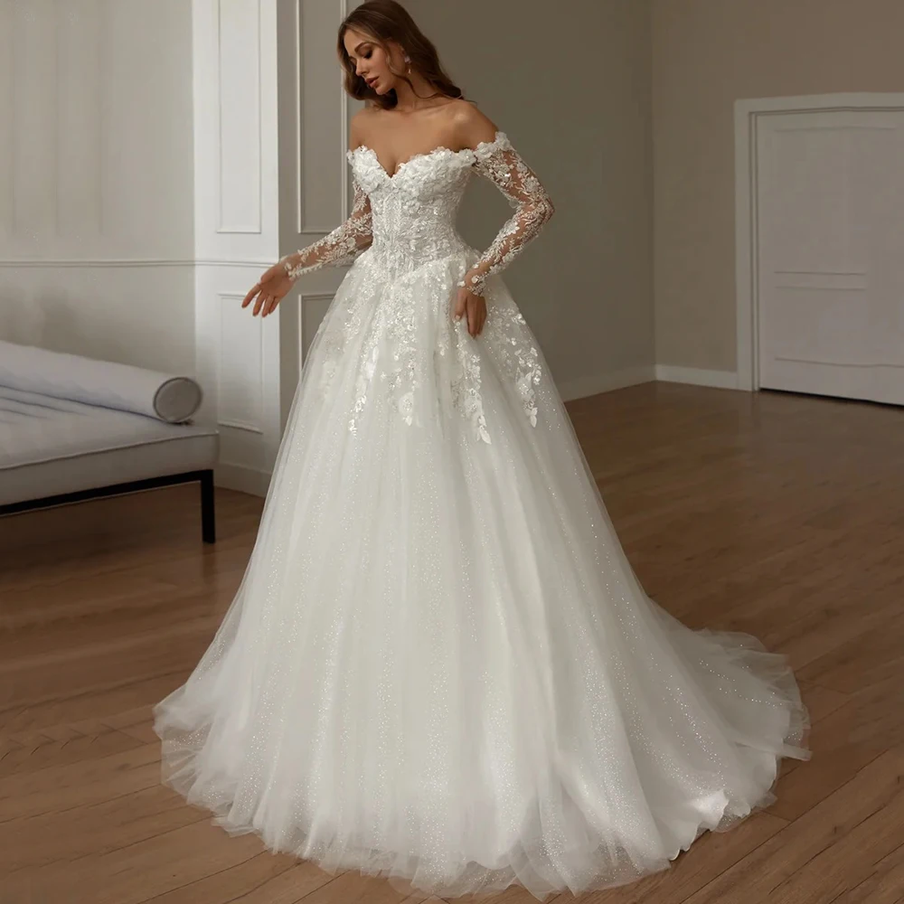 

Welove Exquisite V-Neck A-Line Wedding Dress Off the Shoulder Glitter Tulle Applique and Flower Customized Bridal Luxury Gowns