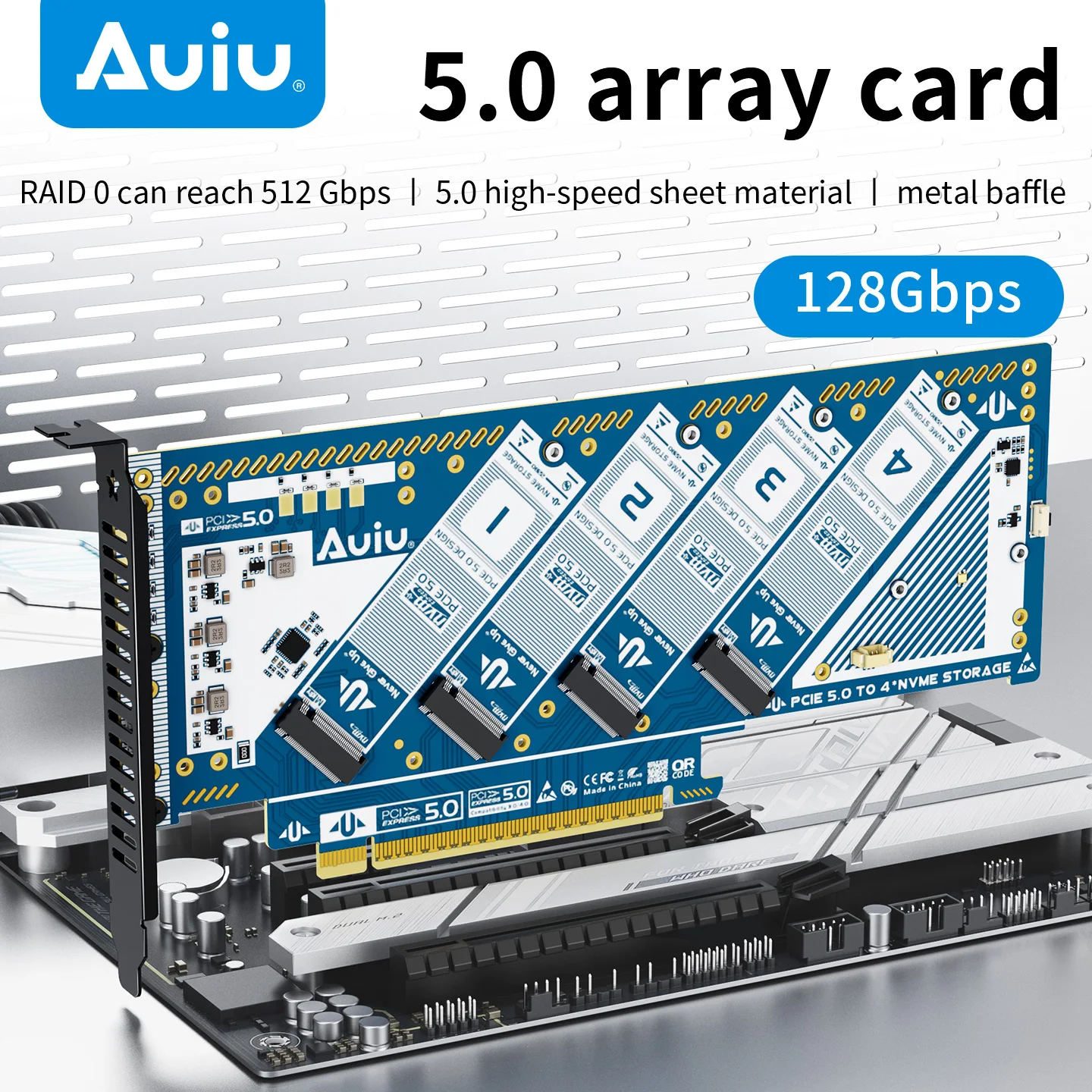 

Auiu PCIe 5.0 X16 Quad-Channel Adapter Card, NVME Adapter Card, SSD Solid State Drive Expansion Card
