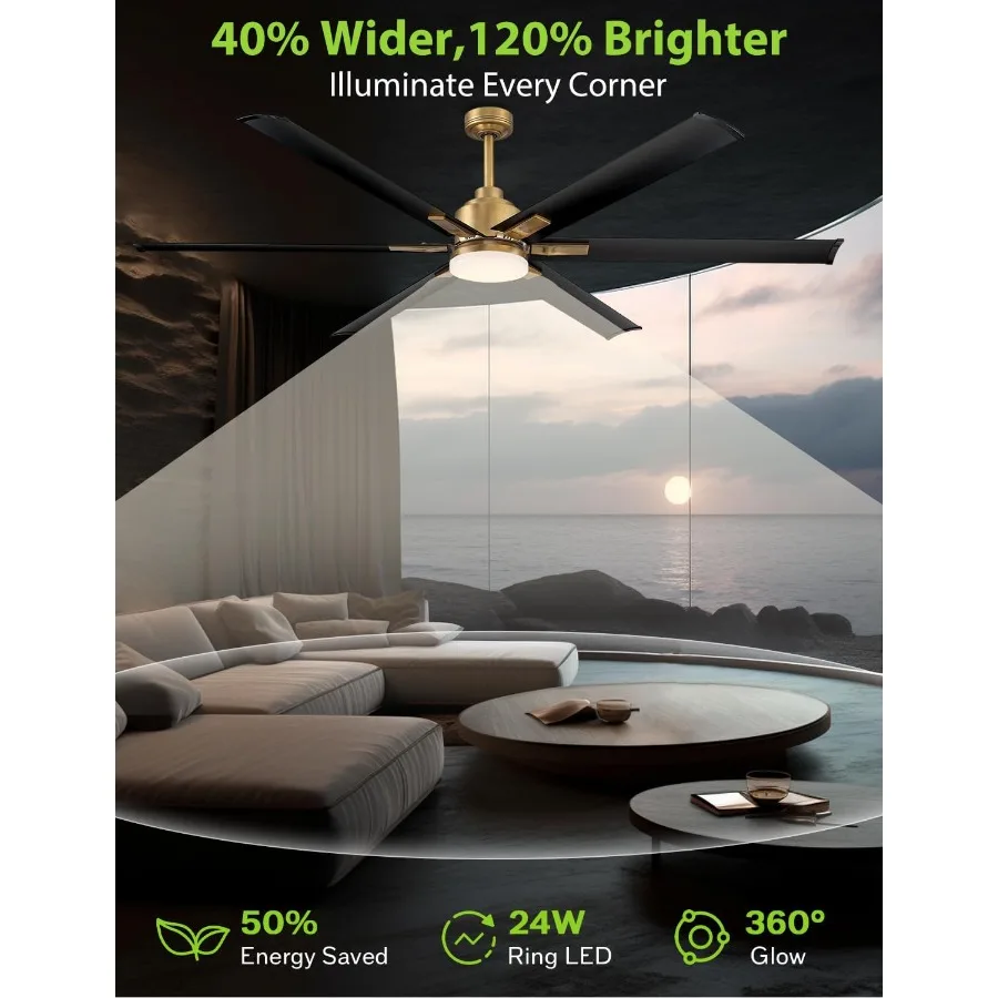 مروحة سقف بمحرك تيار مستمر 72 بوصة مع ضوء LED متكامل 6 شفرات ألومنيوم سوداء عملية التحكم عن بعد تدفق هواء عكسي