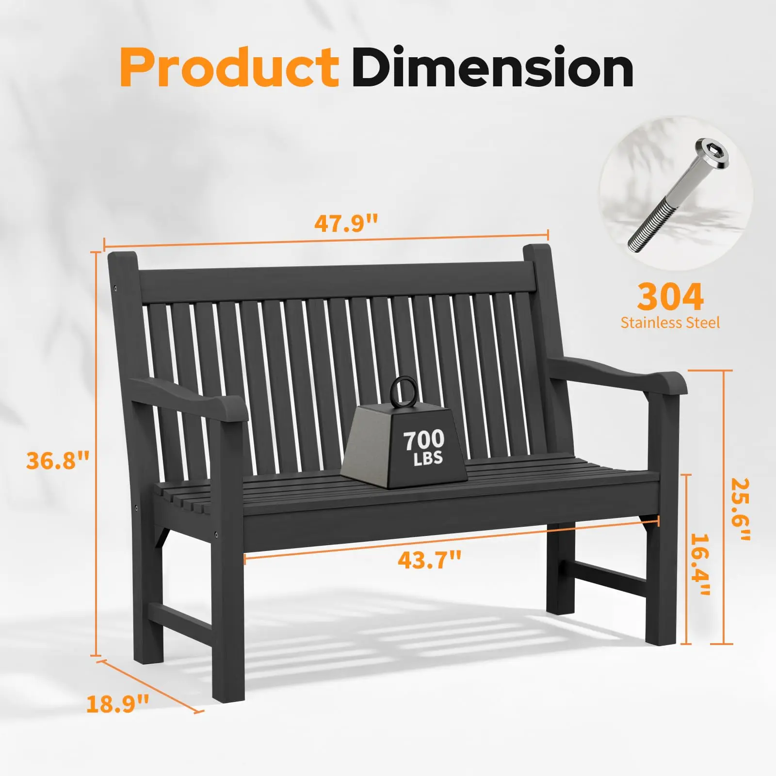 2-Person Outdoor Bench with 700 Lbs Weight Capacity, Black