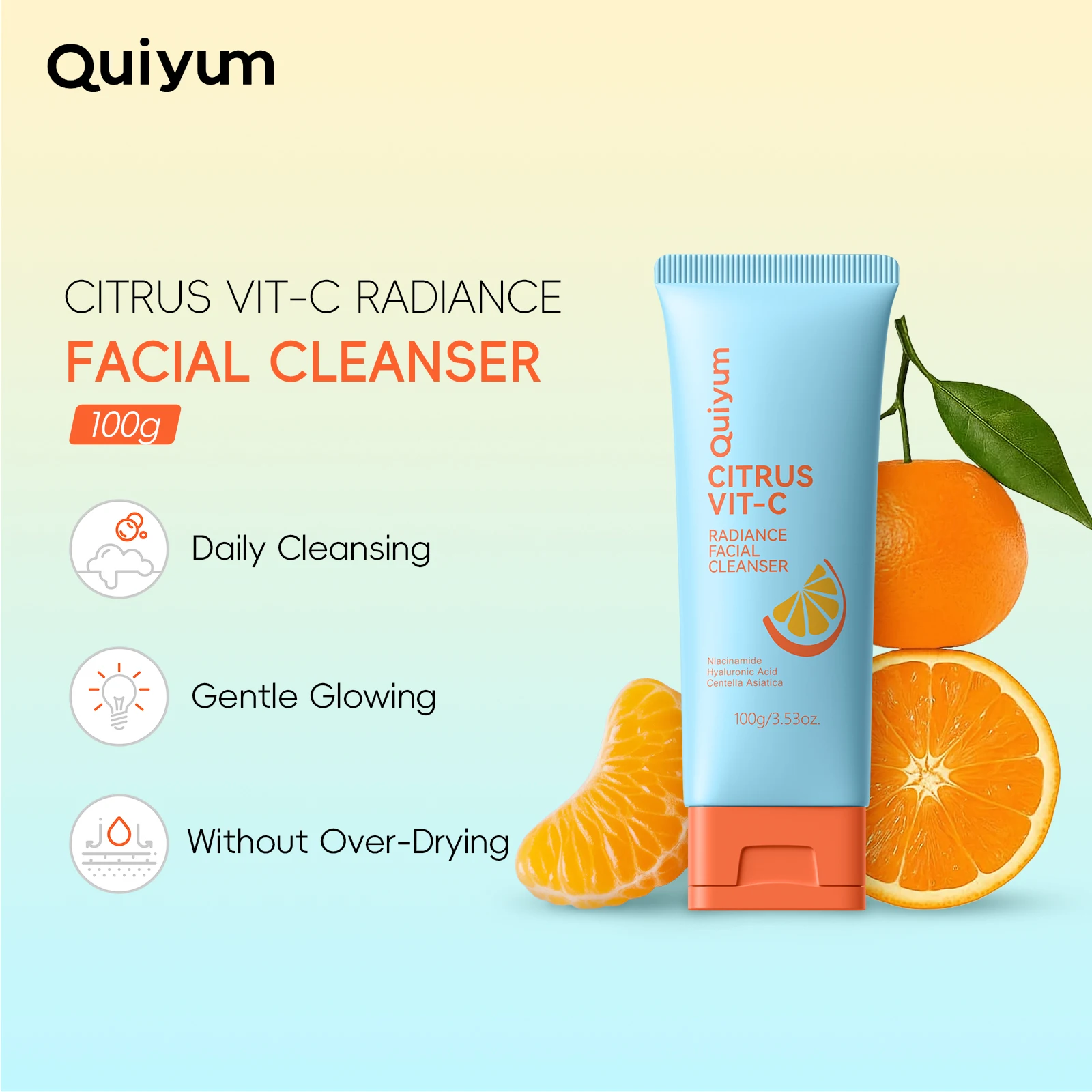 Quiyum Citrus Vit‑C Radiance Facial Cleanser 100g Gentle Daily Face Wash Non‑Drying Hydrating Glowing Skin Care with Niacinamide