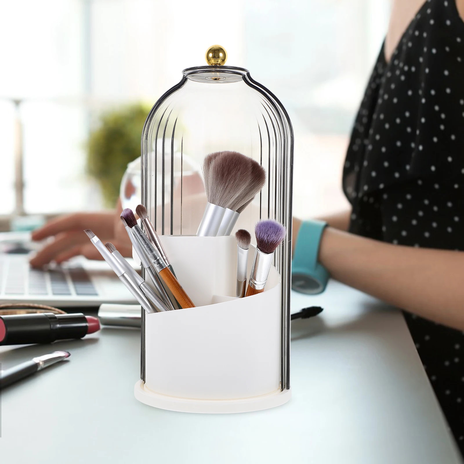 

Rotating Tube Transparent Makeup Brush Holder Compartment Pen Organizer Desk Accessories Black Cover 360 Degree Spin Cosmetics