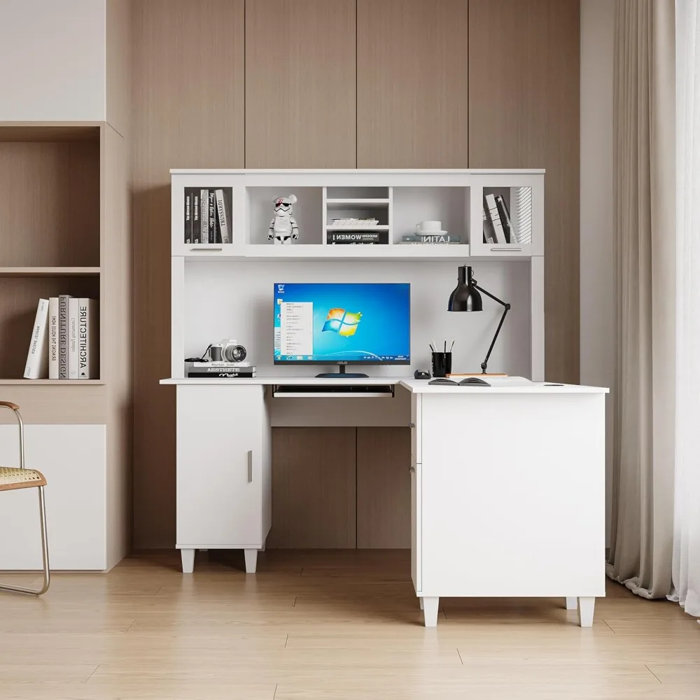 L Shaped Desk,L Shaped Home Office Computer Desk with Drawers,2-tier Bookshelf & Storage Fill Cabinet,Corner Desks