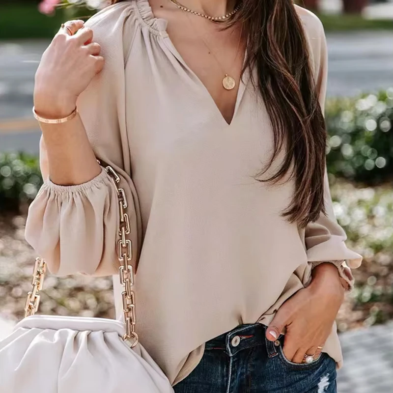 

New Fashion Long Sleeve V Neck Office Casual Shirt Women Elegant Simple Loose Blouse Ladies Pleated Solid Color Top Blusas Mujer