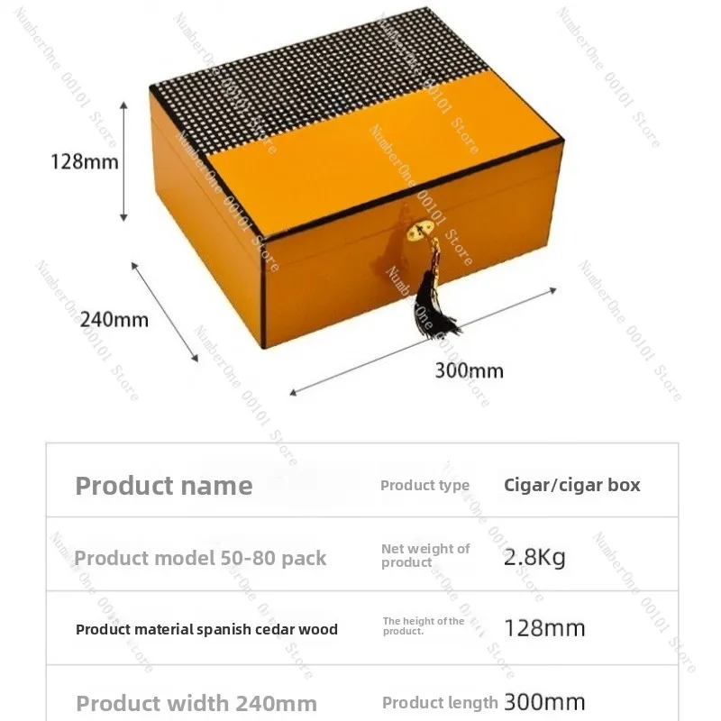 Luxury Yellow Piano Lacquer Cedar Wood Cigar Humidor Box 60 Count Capacity Moisture Control Storage Case Spanish Cedar Lining - view 5