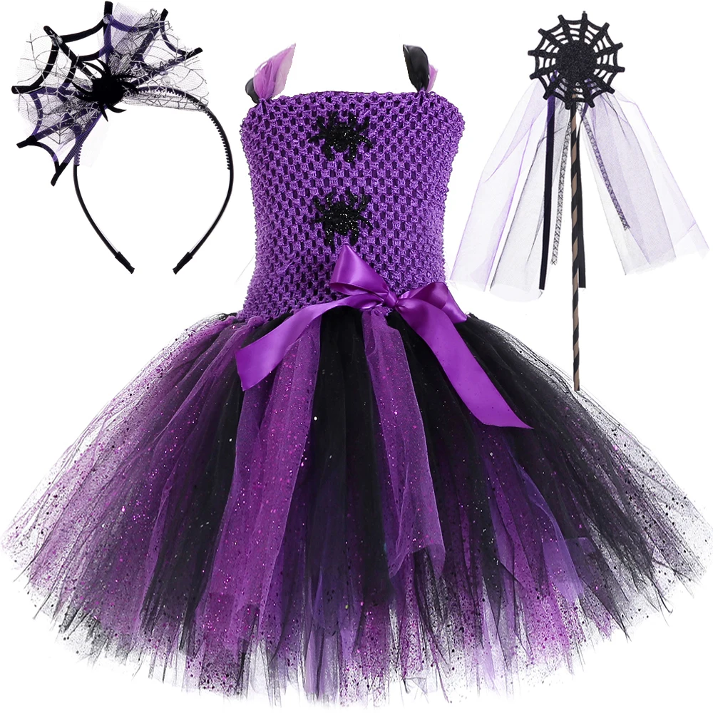 

Sparkly Purple Black Spider Halloween Costumes for Girls Kids Carnival Party Fancy Dress Witch Outfits with Spider Web Bow Stick