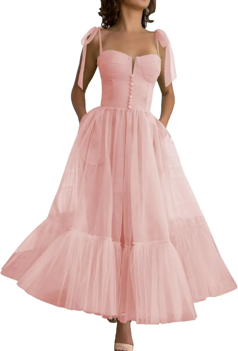 

Spaghetti Straps Tulle Prom Dresses Tea Length Sweetheart Formal Gowns A-Line Party Princess Dress with Pockets Evening Dress