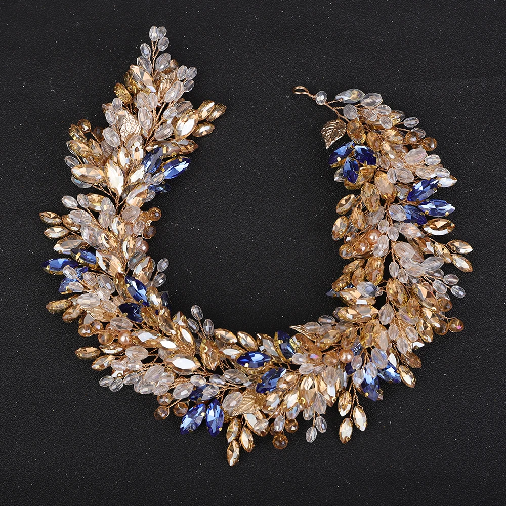 

Роскошная повязка на голову со стразами для женщин, свадебные аксессуары для волос, ручная работа, хрустальный золотой свадебный головной убор, тиара для вечеринок цвета шампань