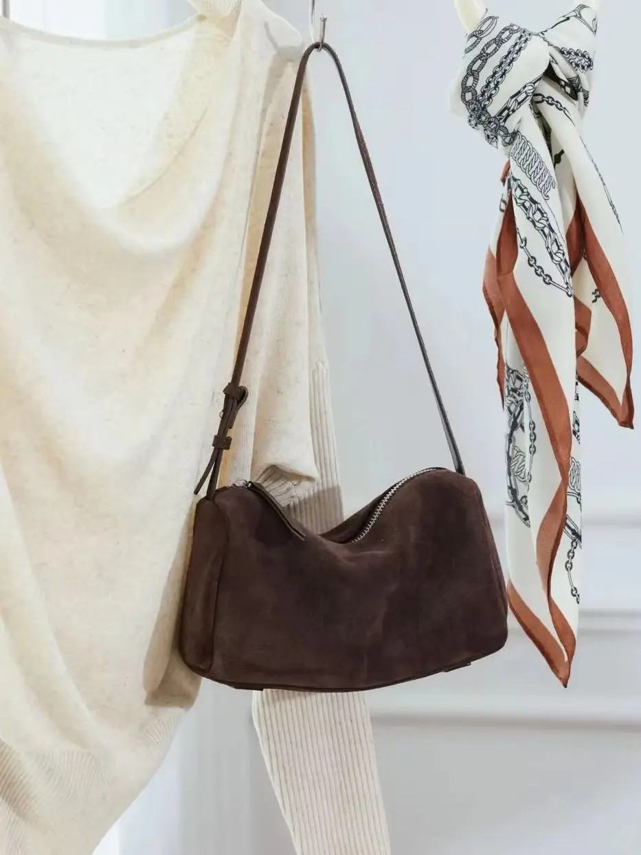 Matte Suede Cow Leather Cylinder Shoulder Crossbody Bag Retro Simple Underarm Bag Ladies Daily Casual Zipper Small Handbag 2026
