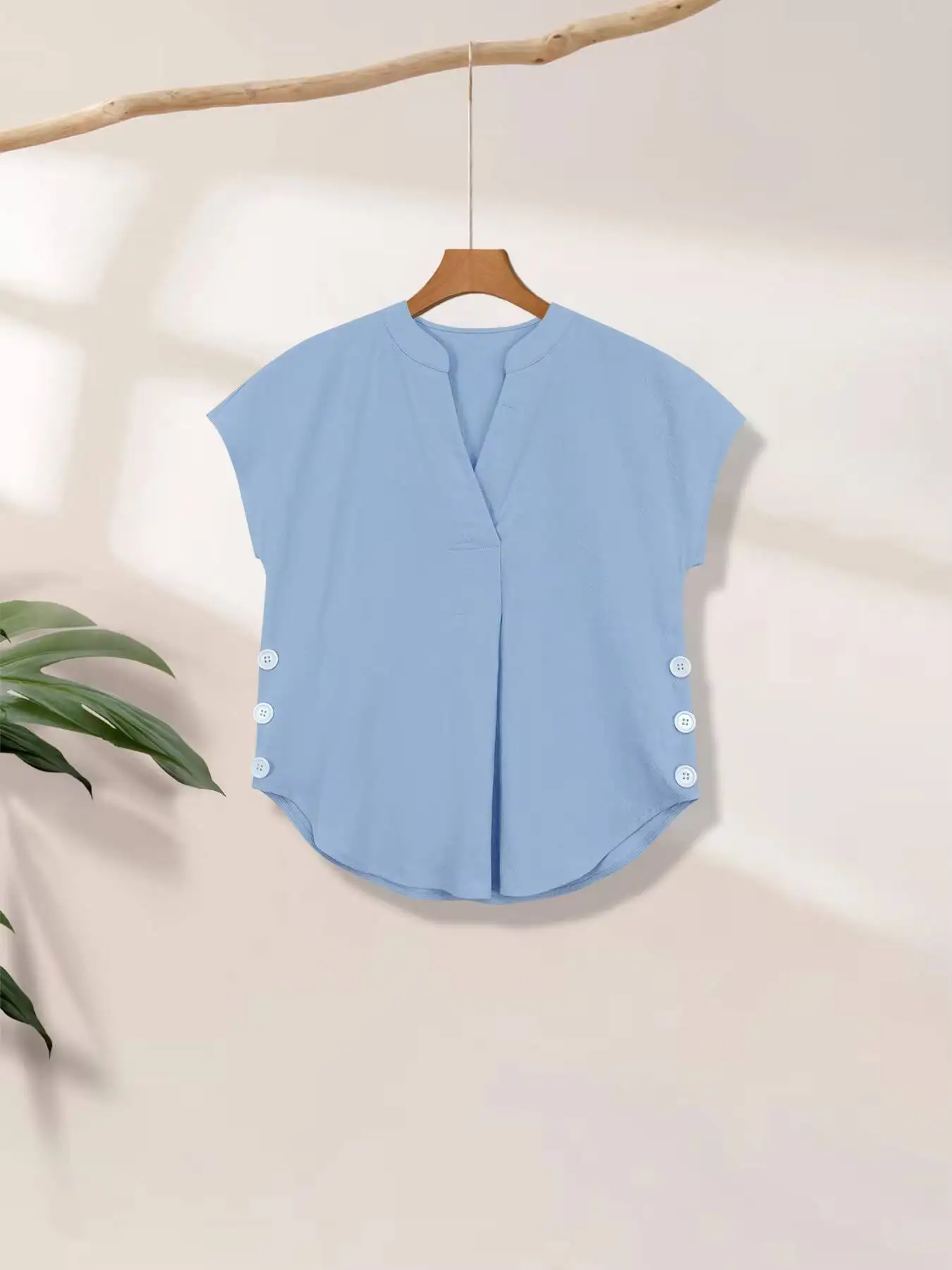 

Women's Blouse Spring Summer Light Blue Stand Collar V Neck Short Sleeve Side Button Loose Fresh Daily Casual Top