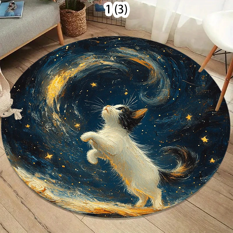 Cartoon Cute Star Cat Night Round Rug Art Style Navy Blue Galaxy Pattern Cat Stars Soft Non-Slip Circle Carpet Living Room
