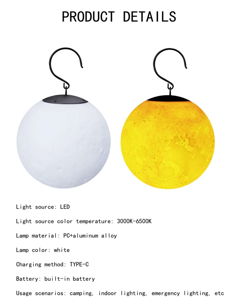 Portable Hanging Moon Lamp Camping Atmosphere Light Type-C Rechargeable Outdoor Garden Holiday Decor Lantern