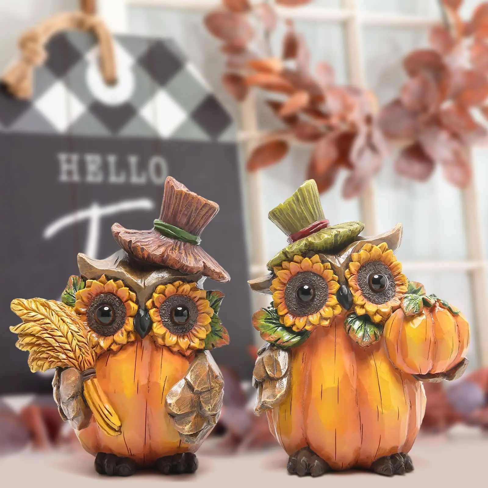 Owl Sculpture - Resin Thanksgiving Decor, Handmade Fall Centerpiece in Country Style, Unique Patented Design, 5.5 inches Tall