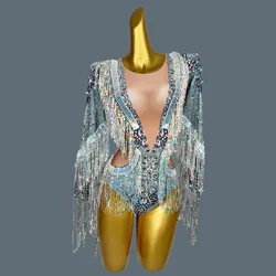 Qiaqia-Mulheres Strass Lantejoulas Borla Bodysuit de Dança, Stretch Dance, Franjas Macacão, Clube, DJ, Cantor Collant, Palco Traje De Dança