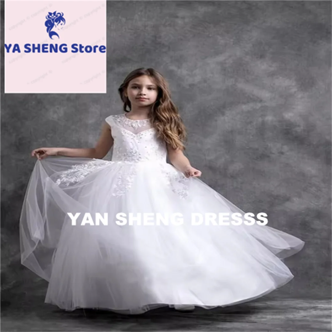 Customized Wedding Dresses Flower Girl Dresses Sheer Neck Tiers Ball Gown Sleeveless Little Girl Cheap First Communion Pageant