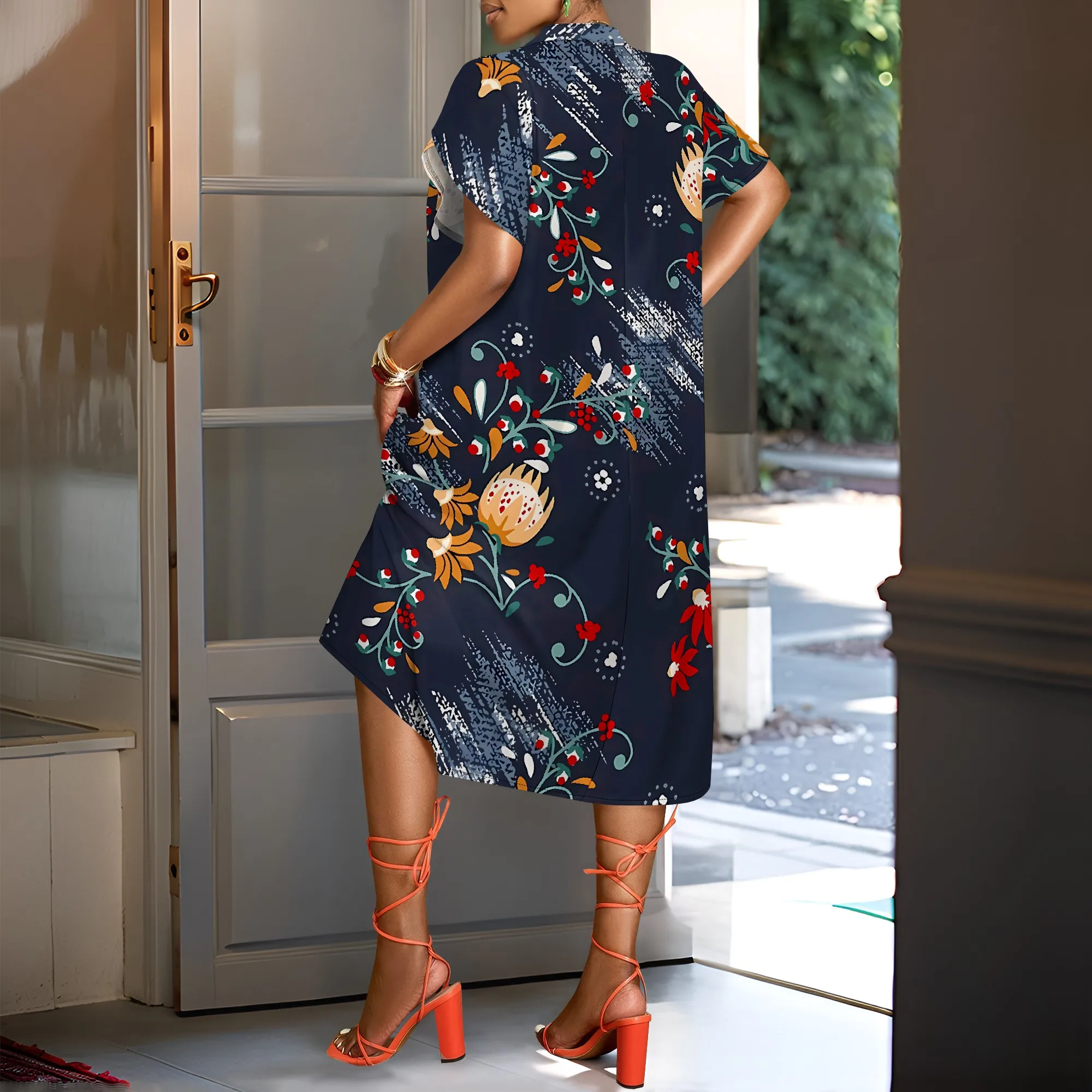 Nupusa Floral & Stripe Print Dress for Women Regular Size Summer Casual V Neck Short Sleeve Midi Dress