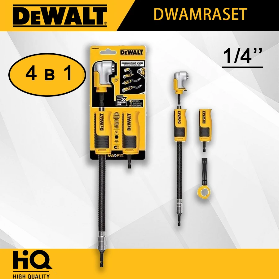 DEWALT 4 in1 Right Angle Drill Adapter 385mm FlexTorq Hex Bit Holder Straight Flexible Shaft DWAMRASET