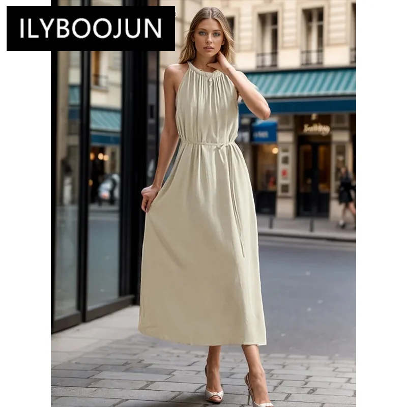 

ILYBOOJUN Solid Patchwork Lace Up Minimalist Dresses For Women O Neck Sleeveless Tunic Elegant Dress Female Fashion Style New