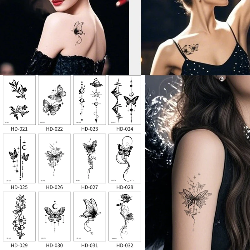 Butterfly and Flower Waterproof Temporary Tattoo for Arm and Leg, Long-Lasting, Black Tattoo Stickers for Men and Women