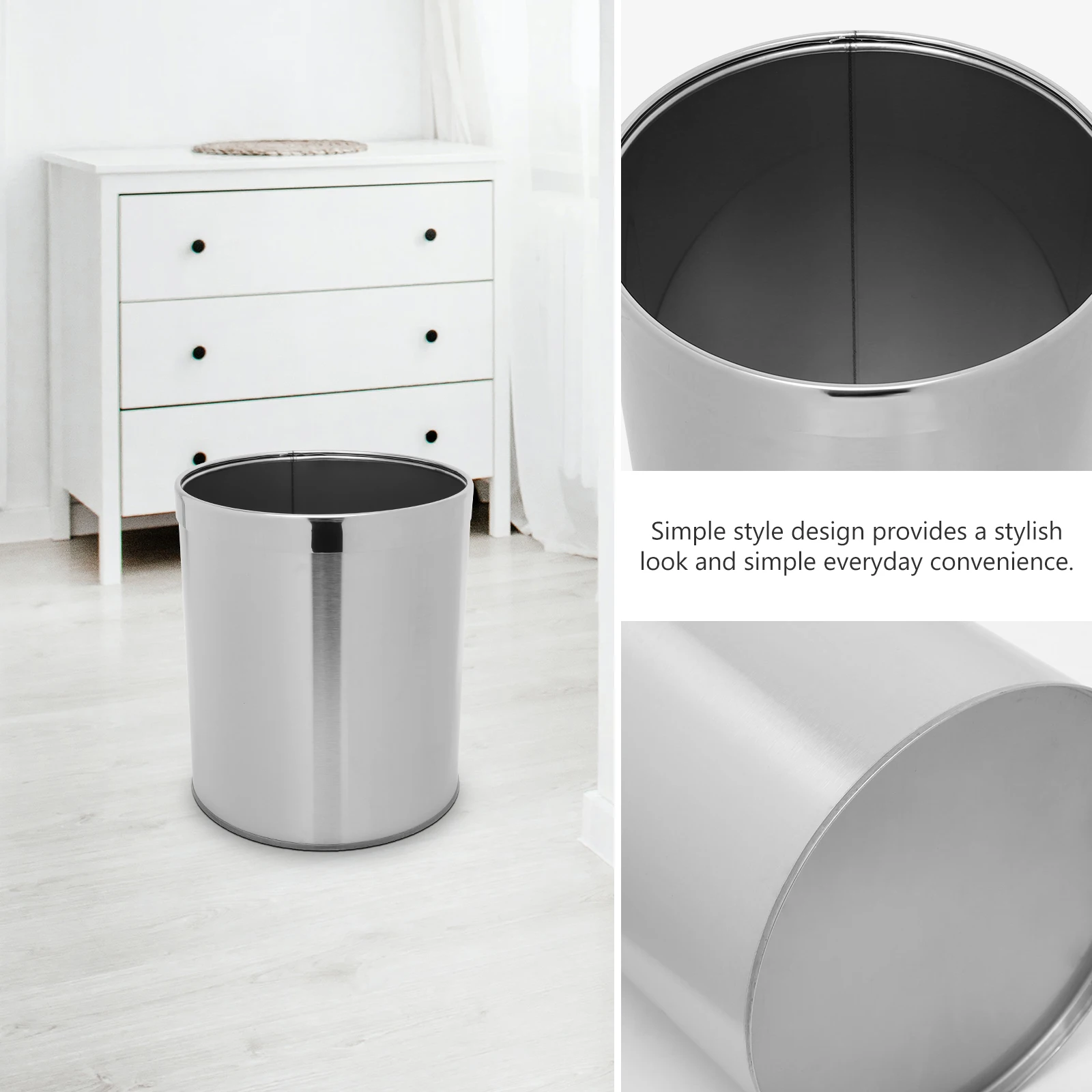 

Stainless Steel Trash Can Round Wastebasket Kitchen Bathroom Garbage Bin Silver Large Opening Thickened Material Bedroom Office
