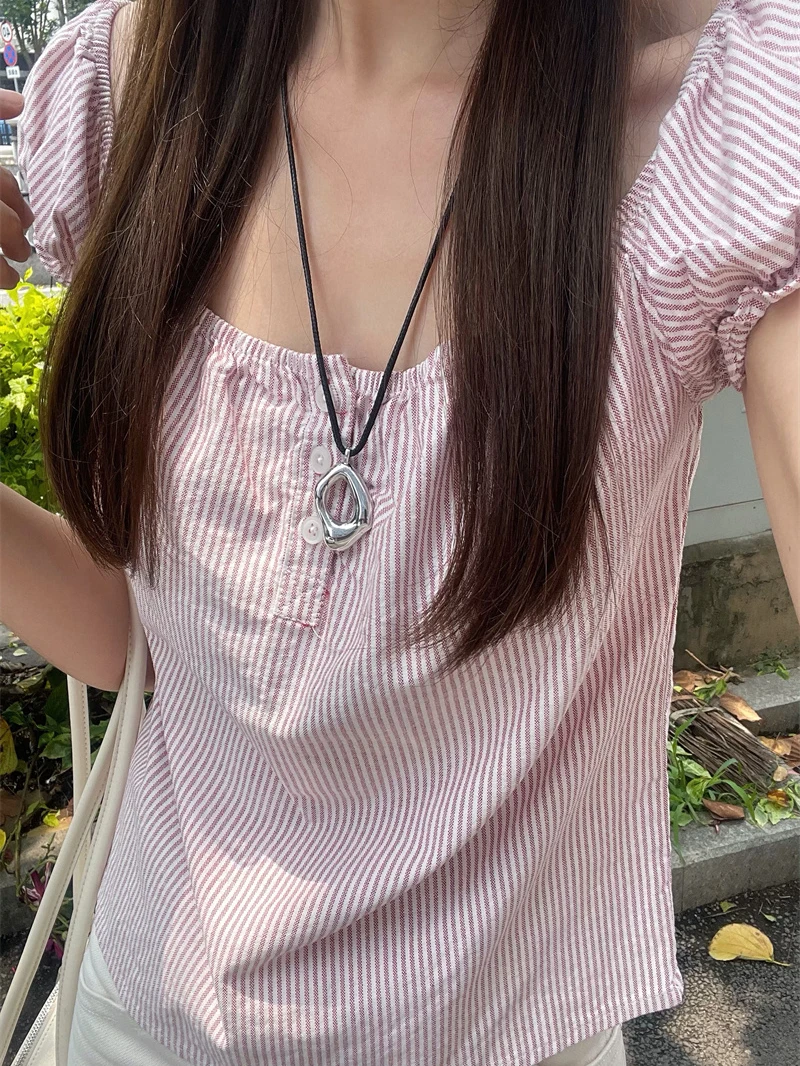 

Pink Striped Puff Sleeve T-shirt Blouse Women Three Buttons Slash Neck Tee Shirts Preppy Style Sweet Vintage Shirt Tops Y2k New