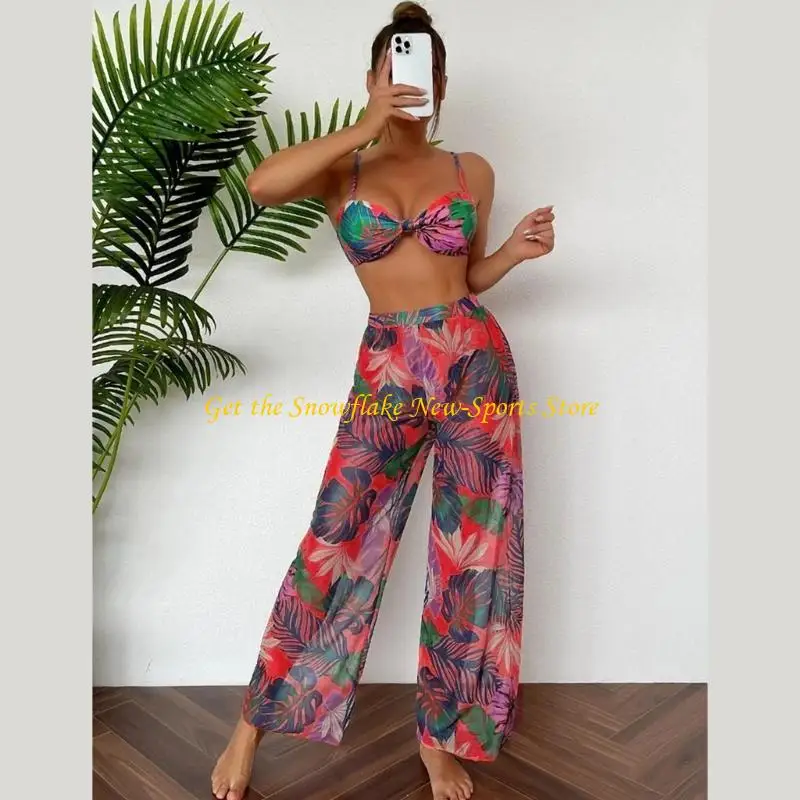 

E56D Женский купальный костюм, комплект из 2 предметов, купальник с цветочным принтом и пляжные брюки