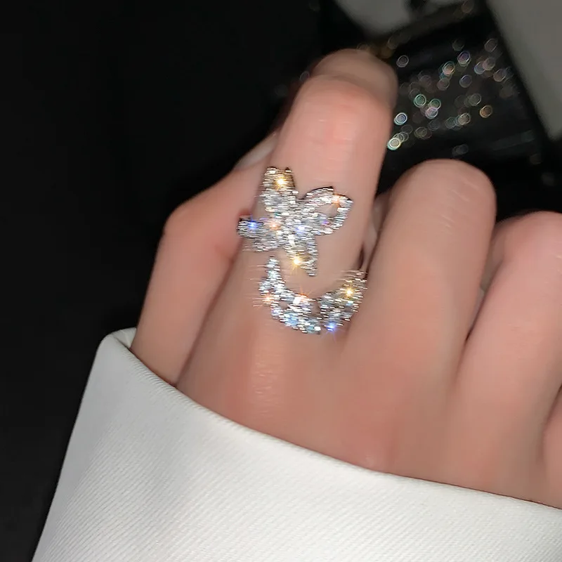 Luxurious inlaid full diamonds opening moon butterfly  rings for women fashion and high-end texture ring wedding jewelry gift