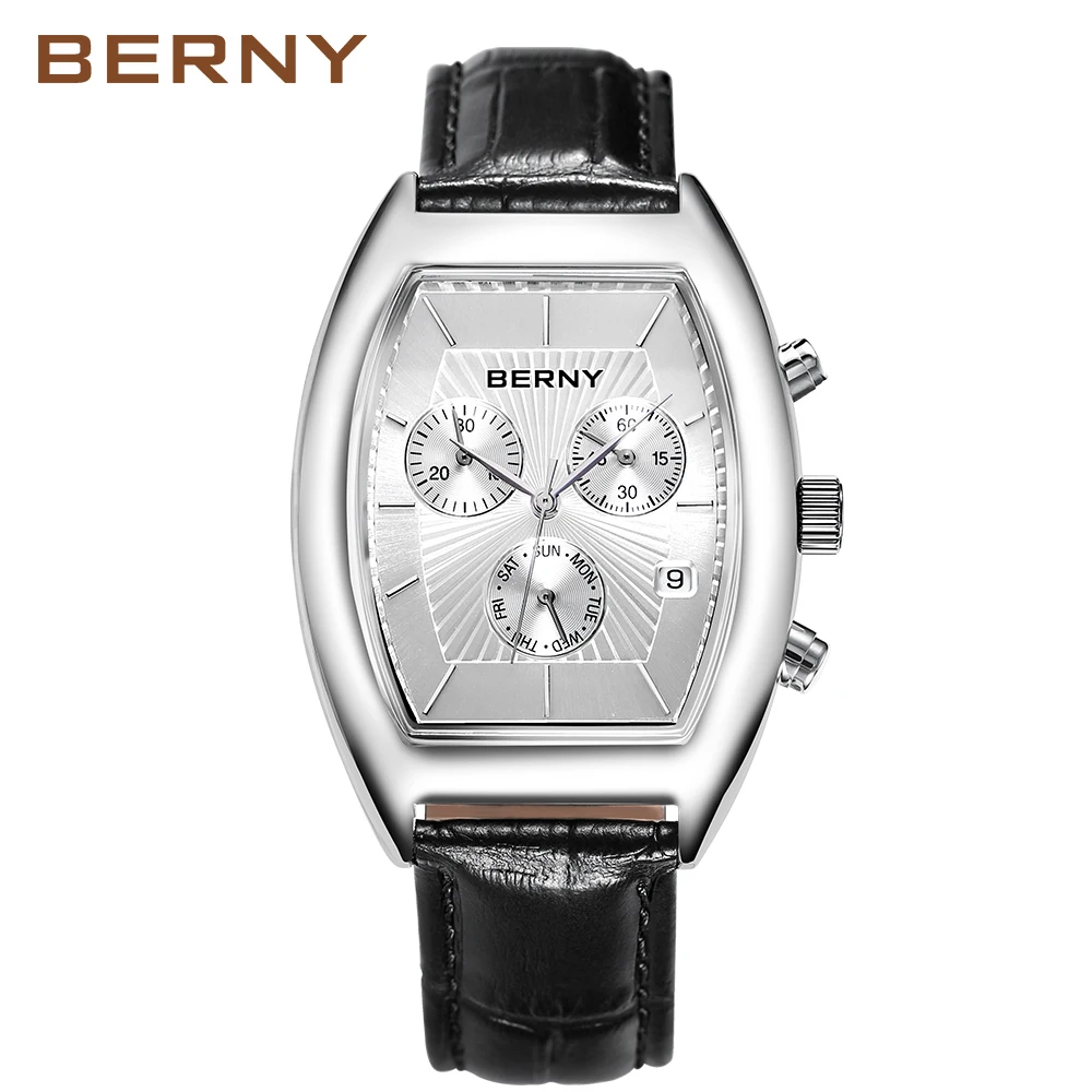 BERNY Men\'s Watch  Classic Tonneau Quartz Chronograph Watches for Men Multifunction Dial Vintage Business Dress Wristwatch