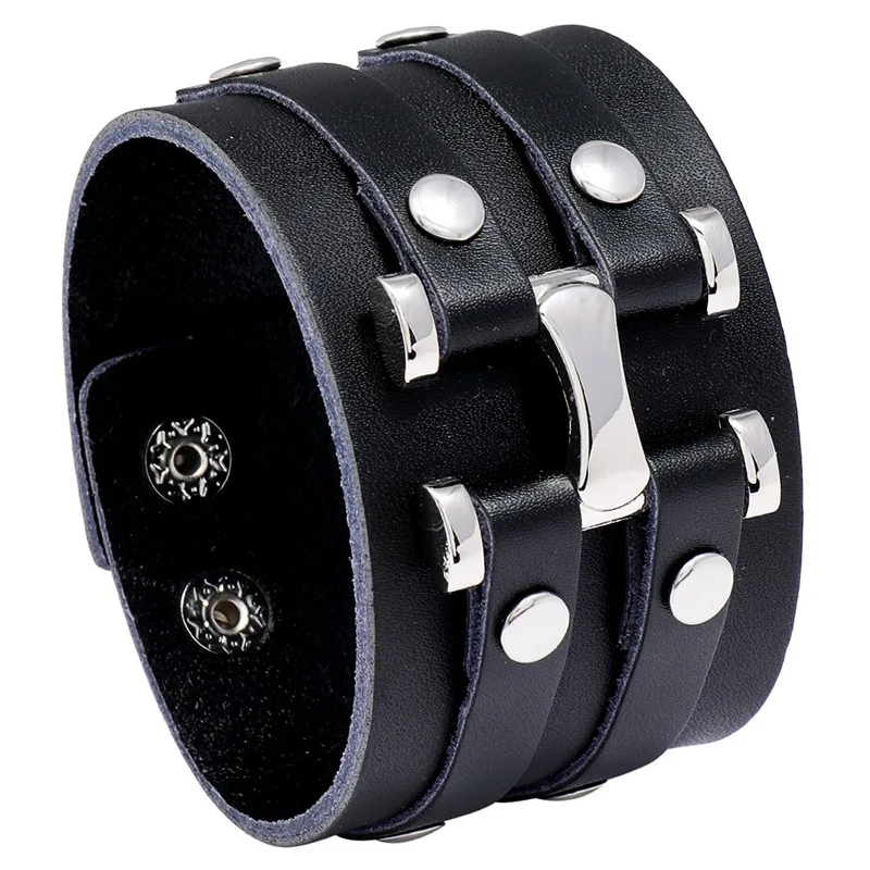 New Vintage Leather Wristband Bracelet Cuff Goth Metal Armbands Concealed Buckle Adjustable Gothic Punk Bracelets Men Jewelry