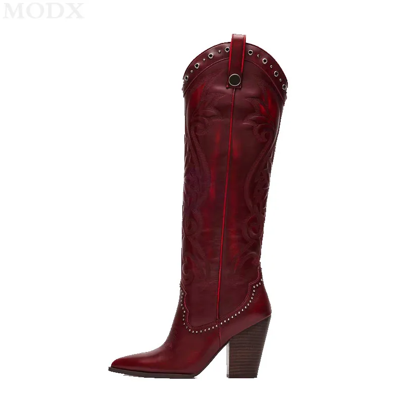 Red Pointed Toe Chunky Heel rivets Knee High Boots Studded Stitching Embroidery Western Cowgirl Boots Fashion Vintage Shoes Lady