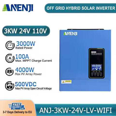 3KW 110V Off Grid Hybrid Inverter 24V MPPT 100A 500VDC PV 4000W Solar Charger Pure Sine Wave Inverter for Home