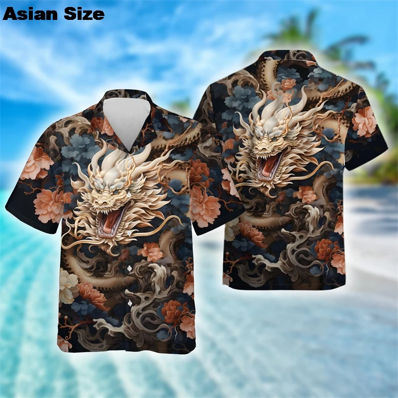 

2025 New Dragon 3D Printed Shirts For Men Clothes Harajuku Fashion Chinese Loong Graphic Lapel Blouse Women Y2k Male Button Tops