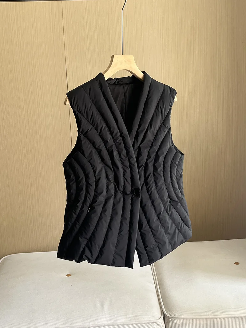 Herbst Winter V-ausschnitt Weiße Ente Unten Ärmellose Weste Weibliche Warme Spitze Up Stepp Weste Mantel Gestrickte Spleißen Unten Weste Frauen