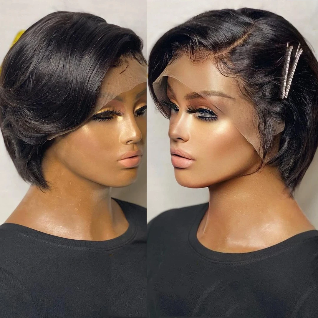 Short Bob Pixie Cut Wig 13*4 Lace Frontal Straight Transparent Lace Front Human Hair Wigs For Women